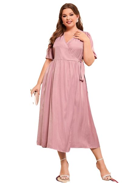 

plus surplice neck knot side dress 68f5#, Black