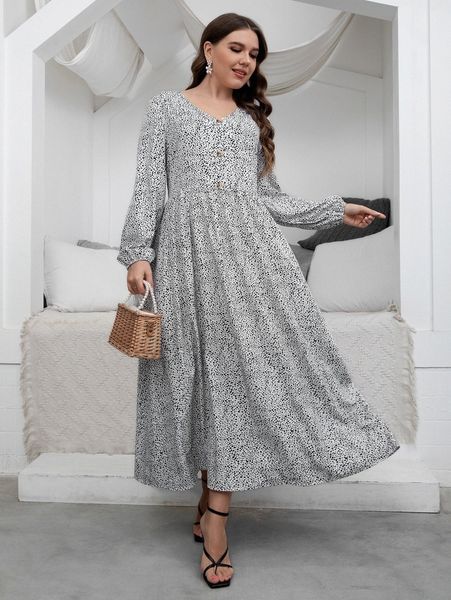 

plus dalmatian print fake button lantern sleeve dress 24rl#, Black
