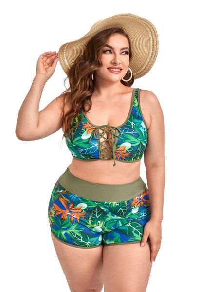 

plus tropical print lace up front bikini swimsuit n6o6#, White;black