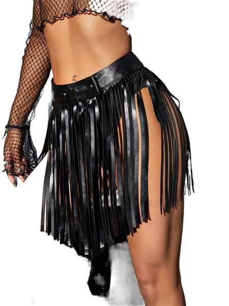 

knicker insert fringe skirt j63x#, Black