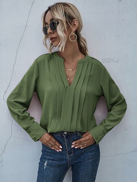 

notched neck pleated decoration blouse k3ar#, White