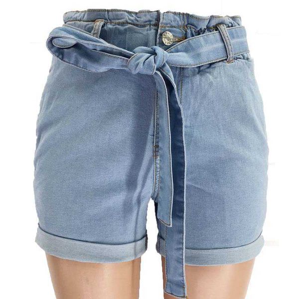 

women short new jeans cuffs sashes slim high waist denim short pants washed short jeans with belt, Blue