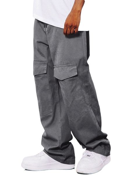 

men flap pocket front drawstring waist cargo pants k5em#, Black