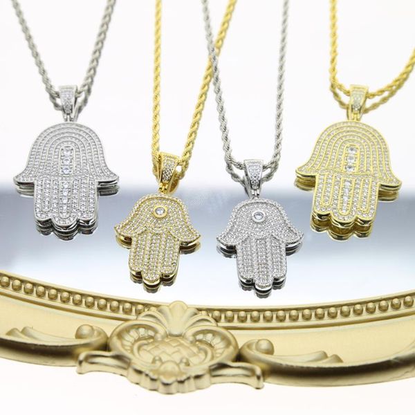 

chains 24"iced out clear bling 5a cubic zirconia hamsa hand pendent necklace for hip hop men women fashion rope chain jewelry wholesale, Silver