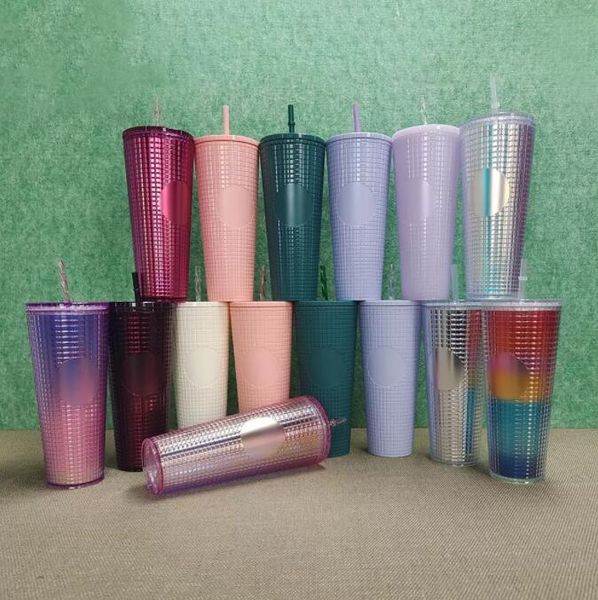 

2022 new studded tumbler cold cup plastic grid collection tumblers pineapple cup with straw and lid f0412