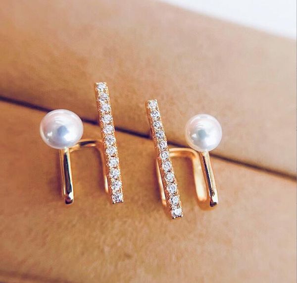 

925 silver needle 1 word crystal ear studs natural freshwater pearl earrings white lady/girl fashion jewelry, Golden;silver