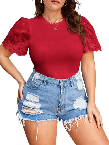 

plus puff sleeve eyelet embroidery tee x8m8#, Black
