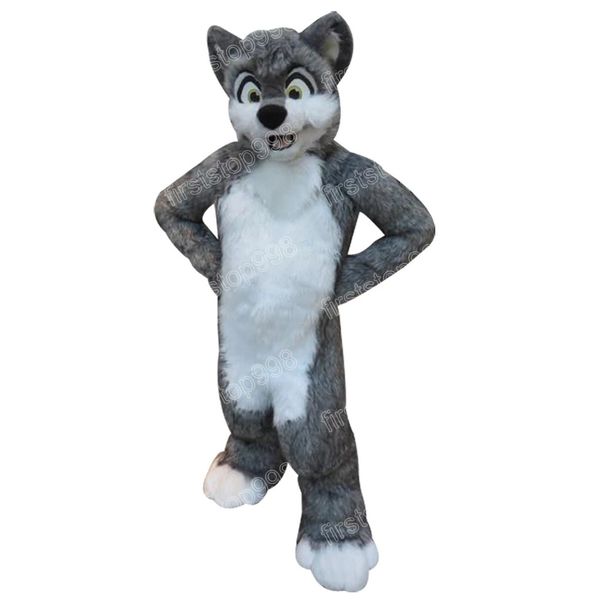 Halloween grauer langhaariger Husky Fox Hund Maskottchen Kostüm Cartoon Anime Theme Charakter Erwachsene Größe Weihnachten Outdoor-Werbe-Outfit-Anzug