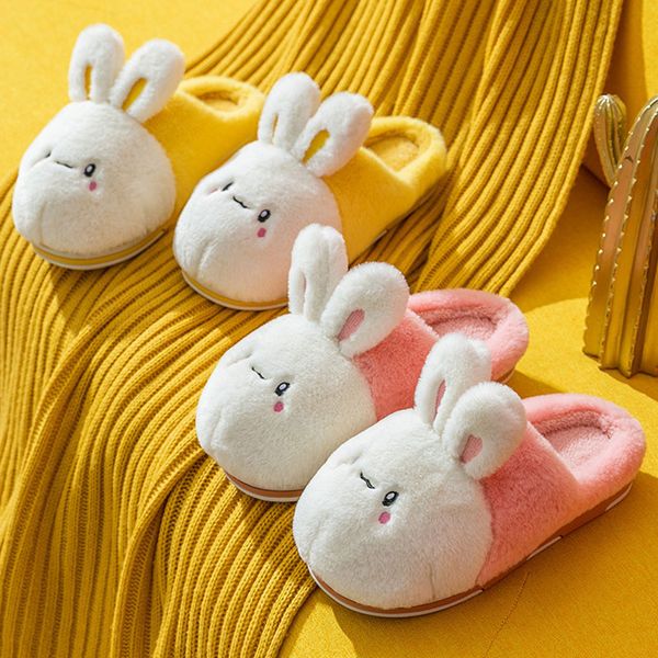 

2022 cute rabbit ear women slippers home indoor winter warm shoes winter female soft plush slides house fluffy faux fur slippers, Black