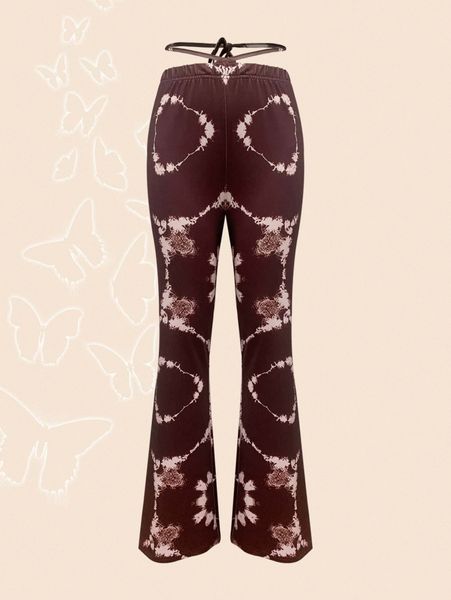 

graphic tie back flare leg pants 77vd#, Black;white