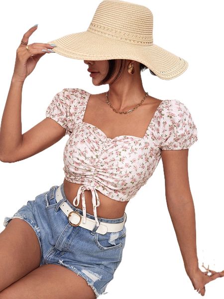 

ditsy floral print ruched lace up shirred crop blouse 27if#, White