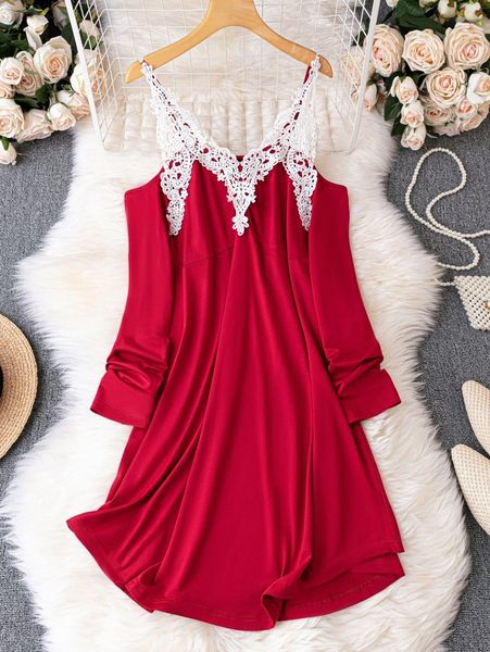 

plus contrast guipure lace cold shoulder dress i000#, Black