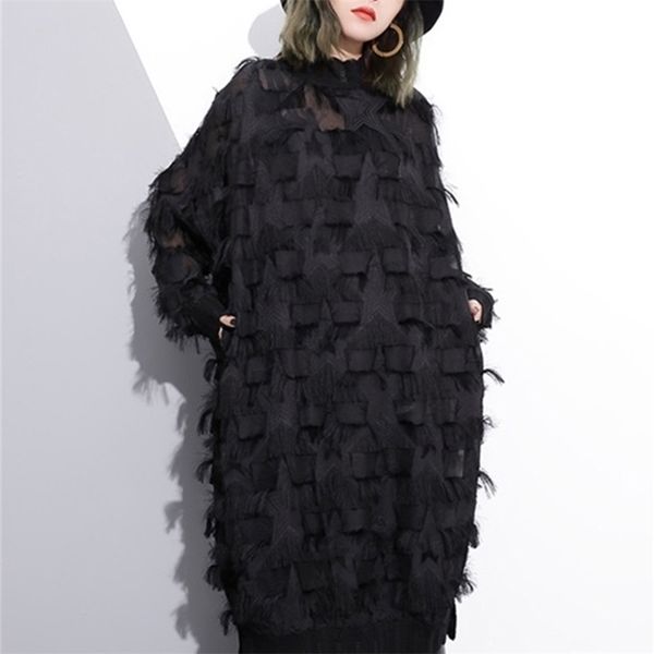 

[eam] 2022 spring autumn stand collar long sleeve perspective black loose tassels big size dres fashion ji780 220317, Black;gray