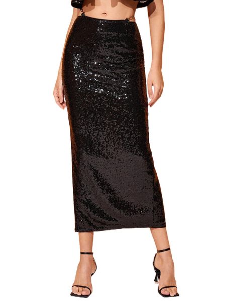 

x yelly gray chain detail tie back sequin skirt h8pd#, Black