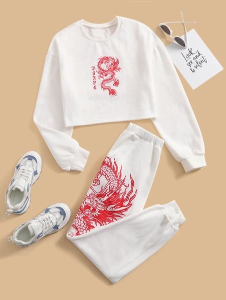 

teen girls letter & chinese dragon graphic pullover & sweatpants she, White