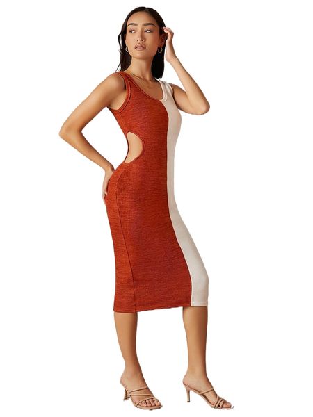 

color block cut out waist dress 265l#, Black;gray