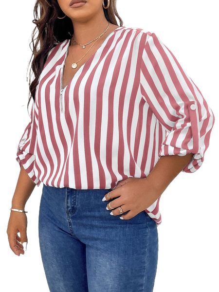 

plus striped print roll up sleeve quarter zipper blouse a617#, Black
