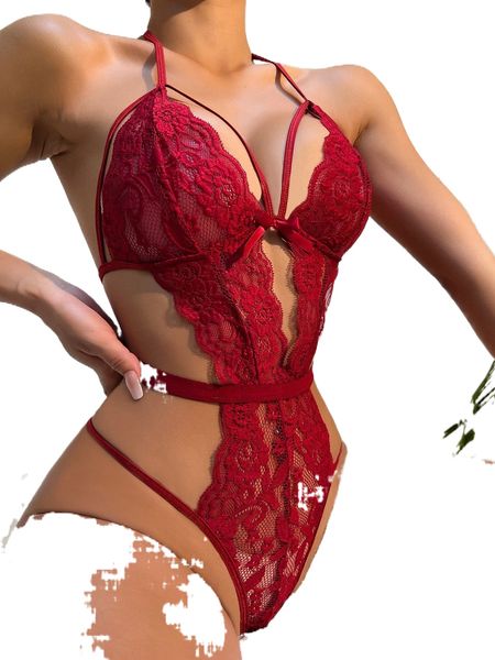 

floral lace scallop trim cut-out teddy bodysuit a0wd#, Black;red