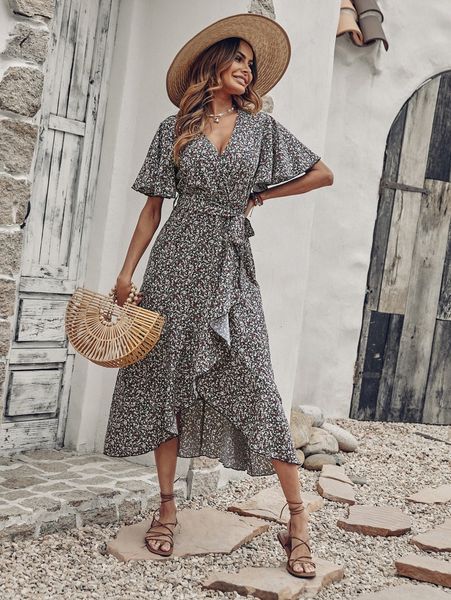 

ditsy floral print butterfly sleeve ruffle trim wrap belted dress x7da#, Black;gray