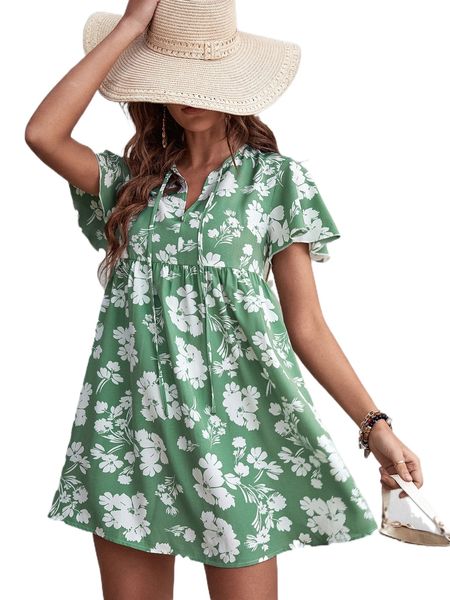 

allover floral print tie neck butterfly sleeve smock dress 39jy#, Black;gray