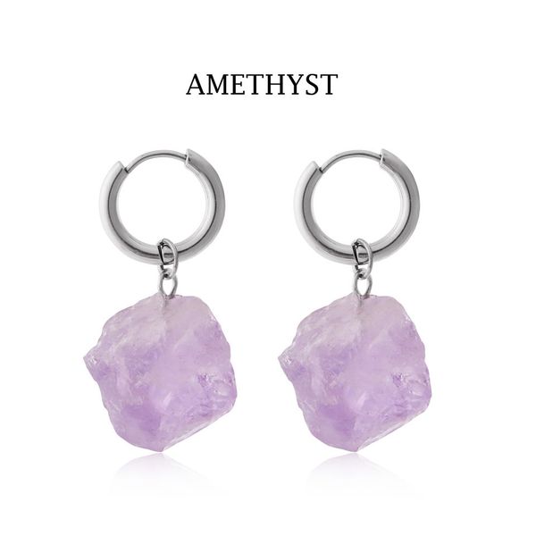 

natural crystal rough stone irregular raw ore dangle earrings energy healing gemstone amethyst earrings women jewelry, Silver
