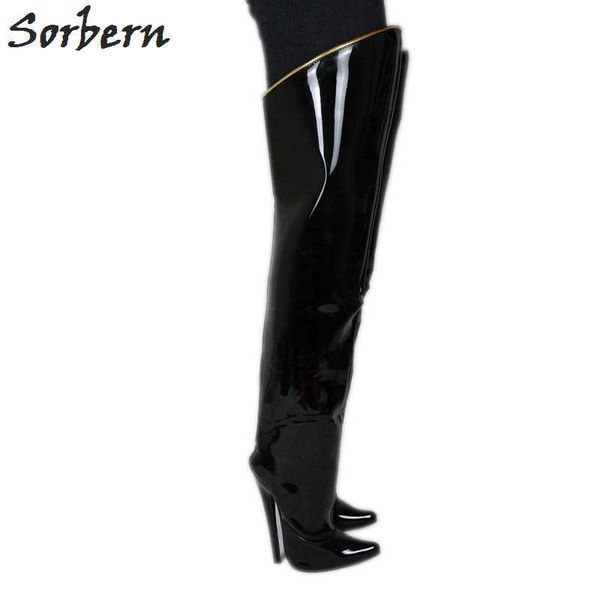 

sorbern 18cm stiletto high heels boots women over the knee hard shaft zip gold piping thigh high, Black