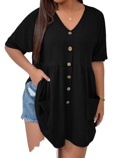 

plus button front dual pockets babydoll tee l2gx#, Black