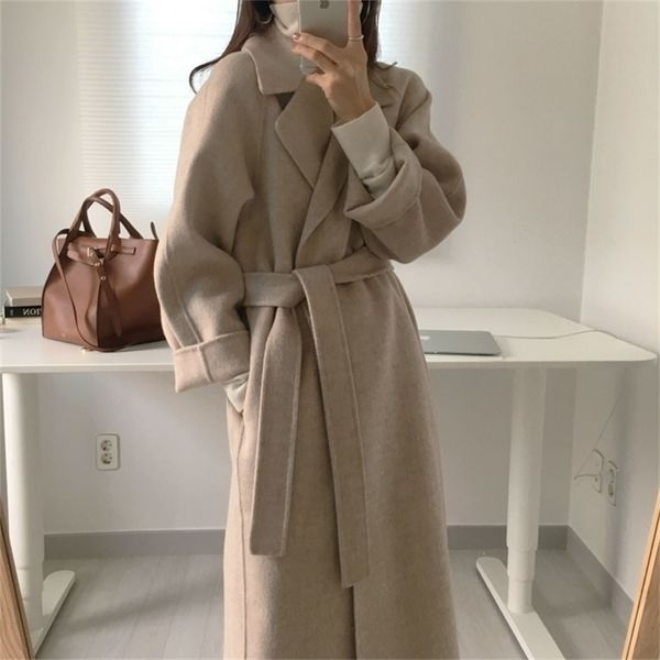 

spring autumn winter new women's casual wool blend trench coat oversize long coat with belt women wool coat cashmere outerwear t200828, Black