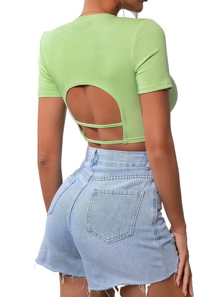 

rib knit cut out back crop tee c1v9#, White