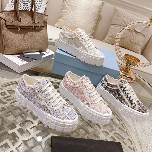 

ladies triangle logo casual shoe double wheel nylon gabardine women platform sneakers thick bottom small fragrant wind designer womens outdo