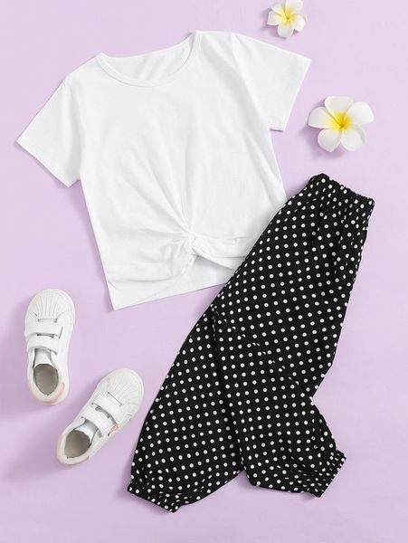

toddler girls twist front tee & polka dot pants she, White