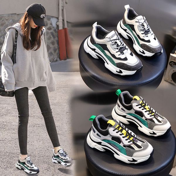 

layer pork skin women platform sneakers breathable mesh spring sports vulcanized shoes ladies fashion running shoes, Black;yellow