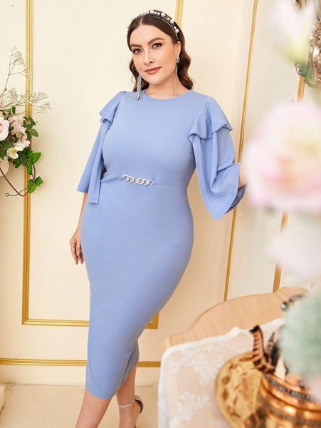 

plus cloak sleeve chain detail split hem pencil dress 77cx#, Black