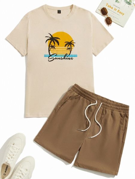 

men palm tree & letter graphic tee & drawstring waist shorts c2bv#, Gray