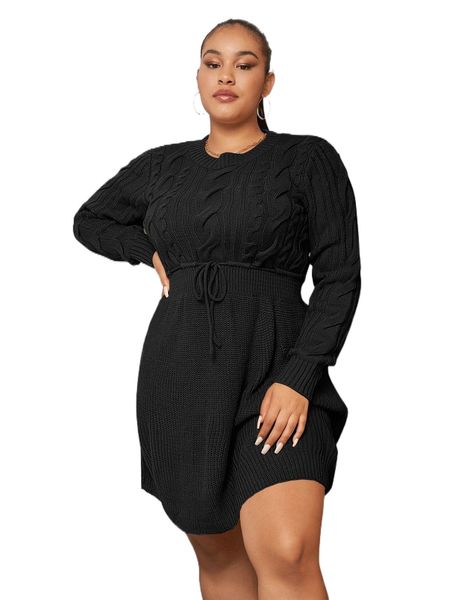 

plus cable knit drawstring waist sweater dress o03f#, Black