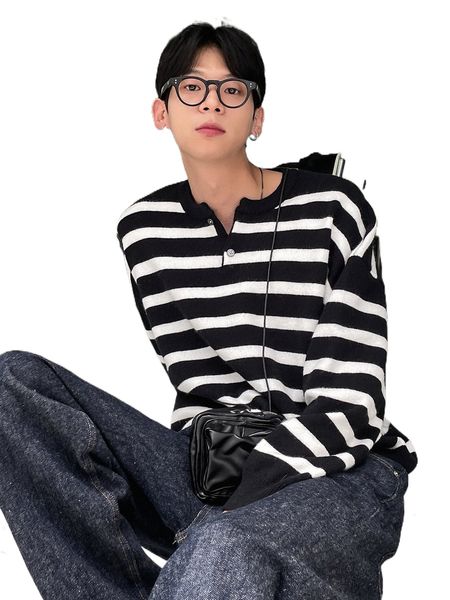 

dazy men striped quarter button drop shoulder sweater 00e9#, White;black