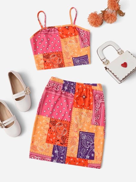 

sheen teen girls color block stitching pattern suspender and skirt set she, White