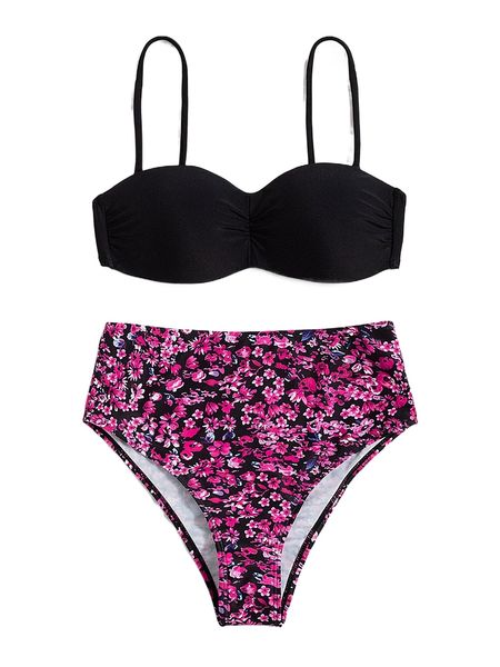 

floral ruched push up high waisted bikini swimsuit o48c#, White;black