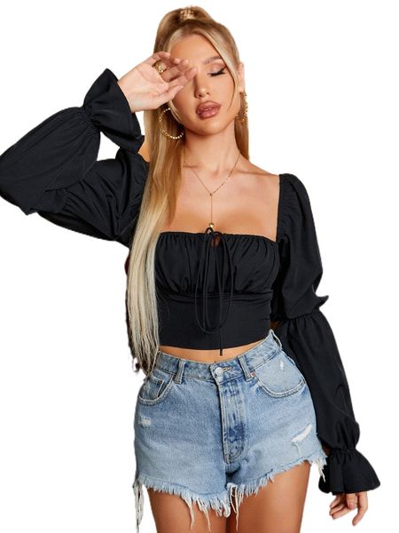 

parthea ruched bust knot gather sleeve crop g2bn#, White
