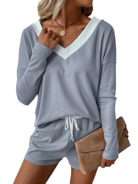 

drop shoulder rib-knit tee & shorts set a0st#, White