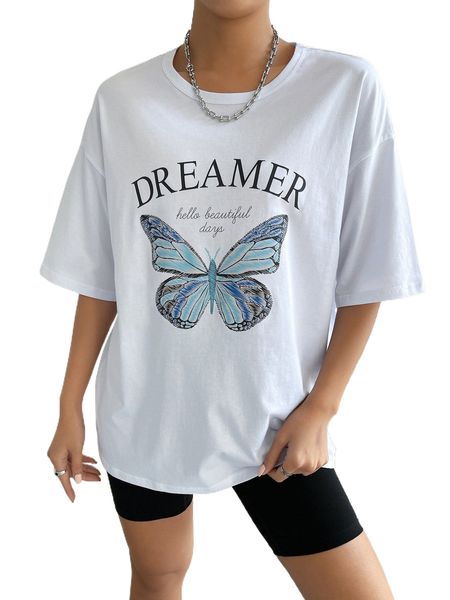 

butterfly and slogan graphic drop shoulder tee e1bh#, White