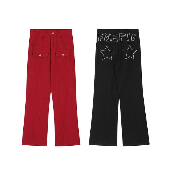 

hip hop back letter embroidery baggy denim pants male and femlae solid color pockets frayed loose jeans trousers, Black