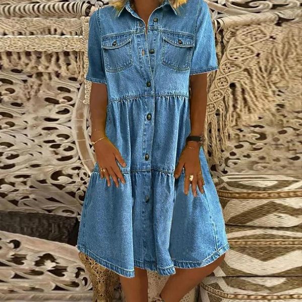 Abiti casual Vintage Style Style Donne Tempo libero manica corta Doppia con colletto Pocket Button Ginocchio Elasticity Denim Dress Dress