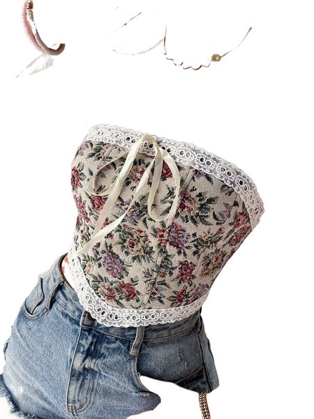 

floral print contrast guipure lace tie front bandana hem crop tube u43l#, White