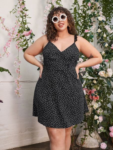 

plus polka dot ruffle strap tie backless dress b8hv#, Black
