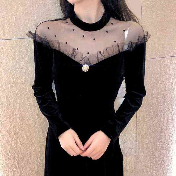 2021 Outono Vintage Vintage Vestido Mulheres Lace Design Preto Y2K Midi Vestido de Manga Longa Evening Party Dress Coreano Moda G220414