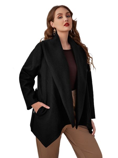 

plus slant pocket waterfall collar asymmetrical hem belted overcoat 80tv#, Black