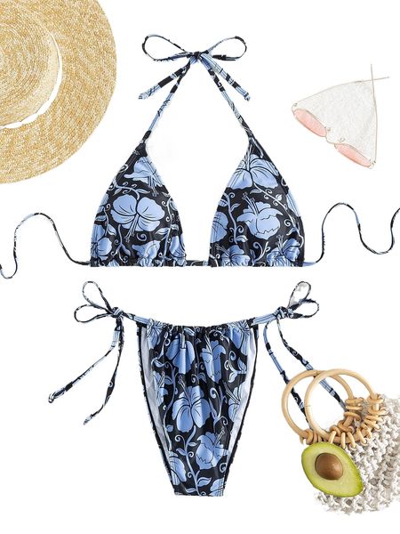 

floral halter triangle bikini swimsuit i9od#, White;black