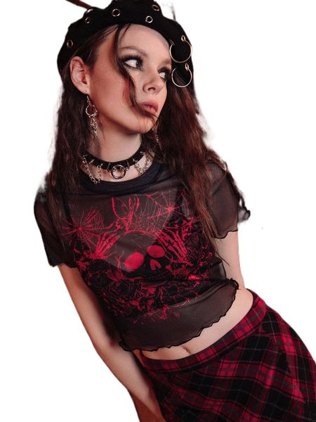 

romwe dark academia skull & floral graphic lettuce trim mesh crop d414#, White