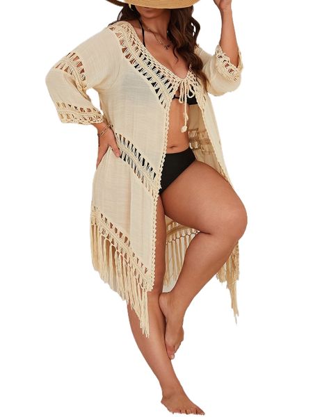 

plus hollow out tie front tassel hem kimono a2nv#, Black;gray